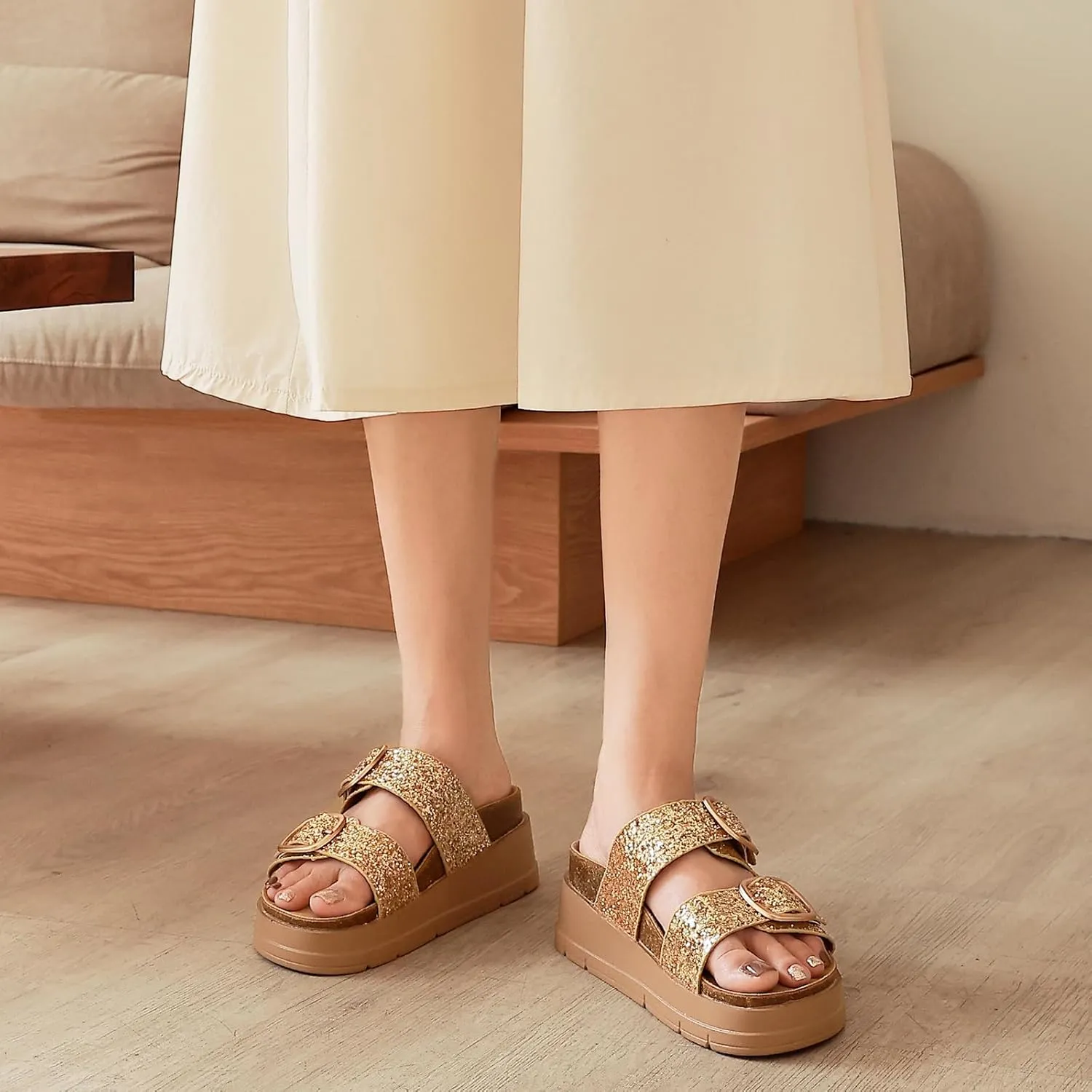 Womens Platform Sandals Cork Footbed with Comfort Double Buckles,Slip on Platform Slides Summer Beach Wide Widths Sandal Shoes