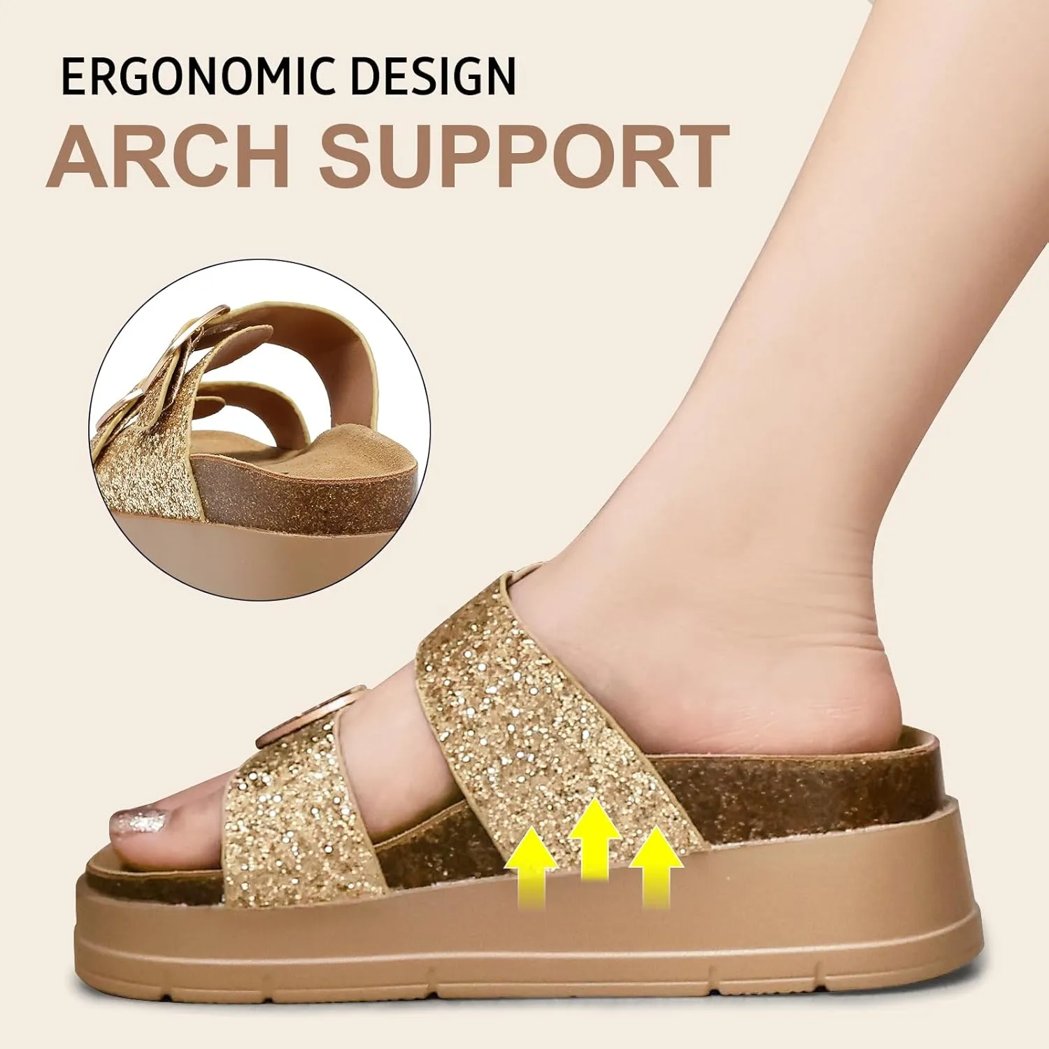 Womens Platform Sandals Cork Footbed with Comfort Double Buckles,Slip on Platform Slides Summer Beach Wide Widths Sandal Shoes