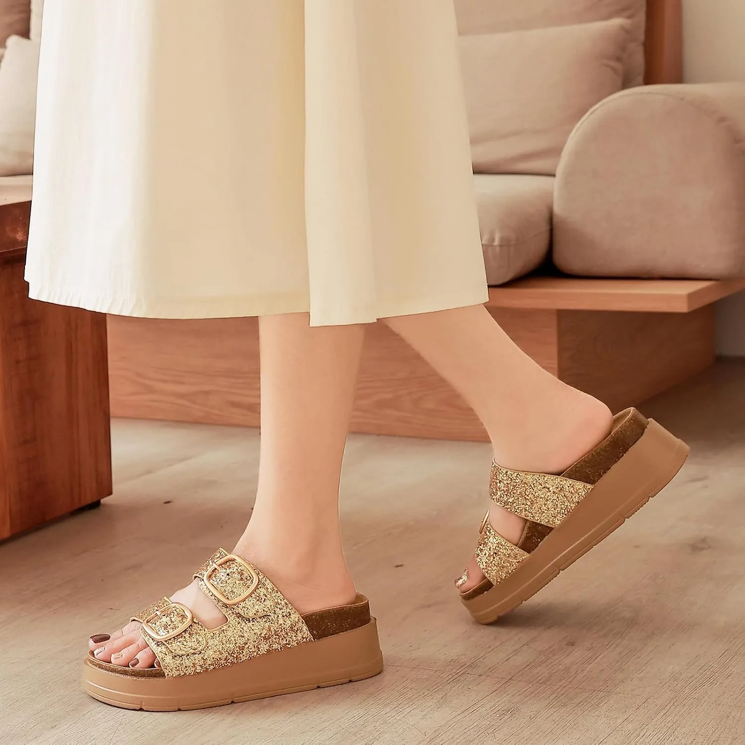Womens Platform Sandals Cork Footbed with Comfort Double Buckles,Slip on Platform Slides Summer Beach Wide Widths Sandal Shoes
