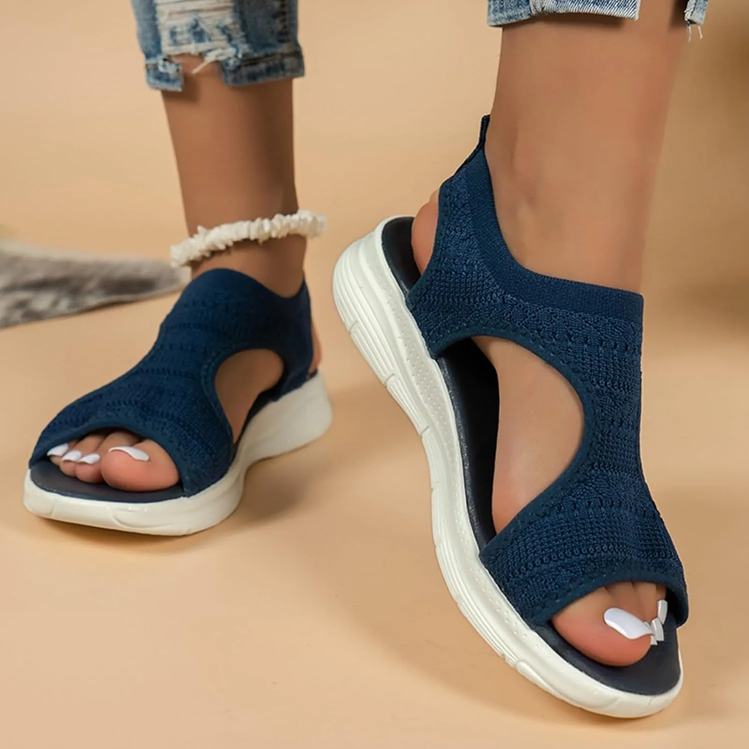 Womens Sandals Comfortable Dressy Knit Hollow Out Mesh Slides Sandals Open Toe Slingback Yoga Mat Non Slip Sandal for All Occasions: Casual, Work, Party