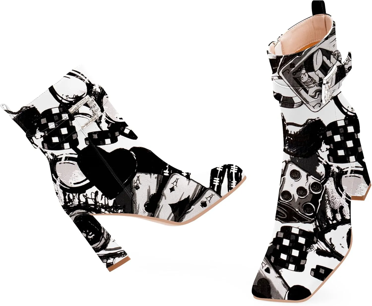Women's Sexy Rhinestone High Heel Square Toe Ankle Boots Buckle Strap Dress Booties