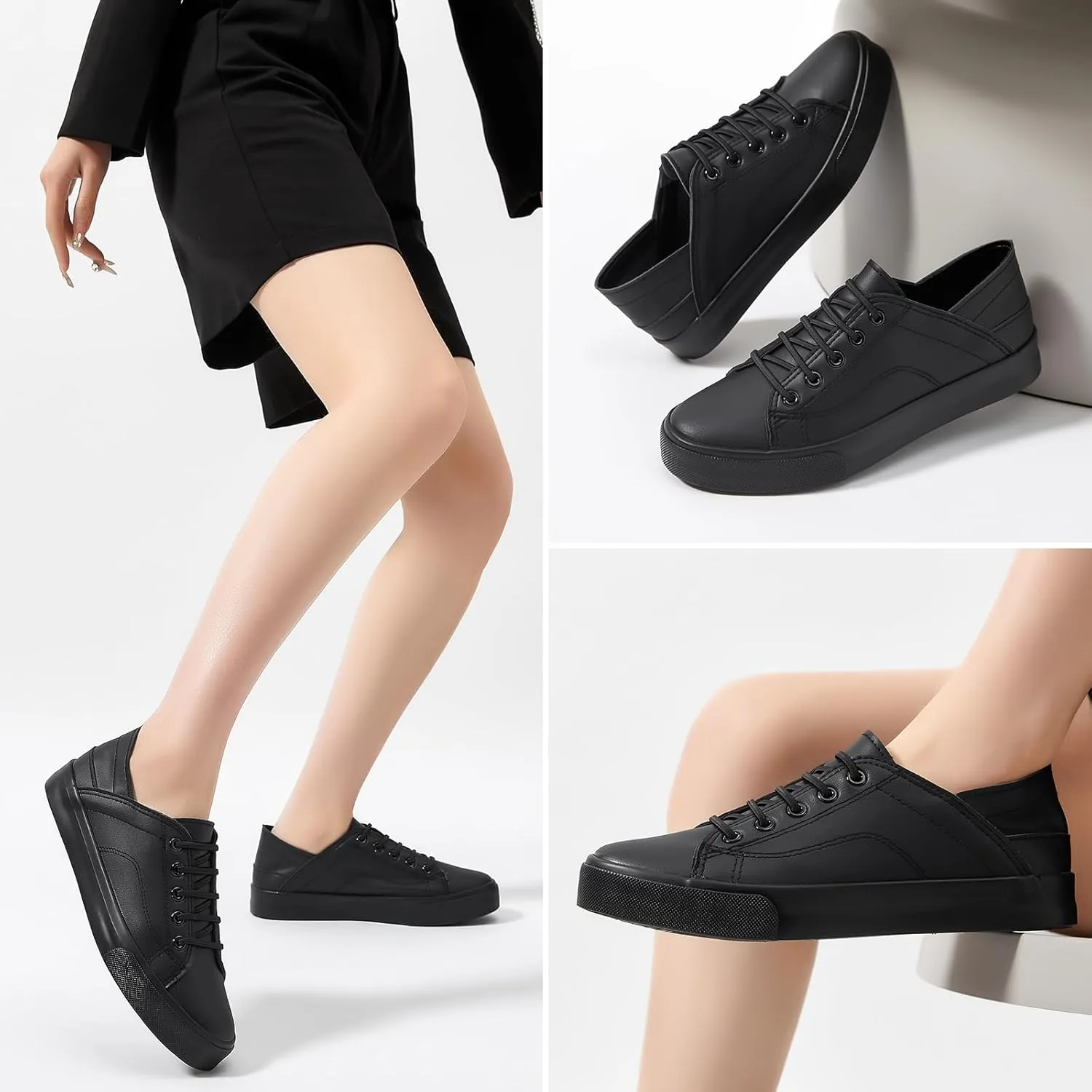 Women's Slip on Shoes PU Leather Slip on Sneaker Fashion White Tennis Shoes Low Top Black Casual Shoes