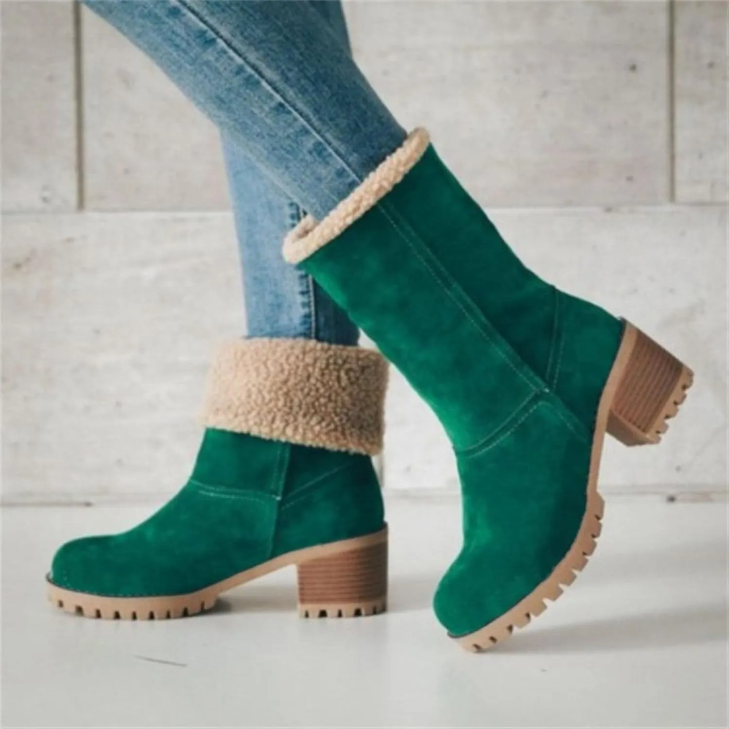 Womens Snow Boots Chunky Heel Slip On Ankle Booties Suede Fur Lined Waterproof Outdoor Comfortable Winter Shoes