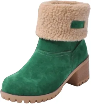 Womens Snow Boots Chunky Heel Slip On Ankle Booties Suede Fur Lined Waterproof Outdoor Comfortable Winter Shoes