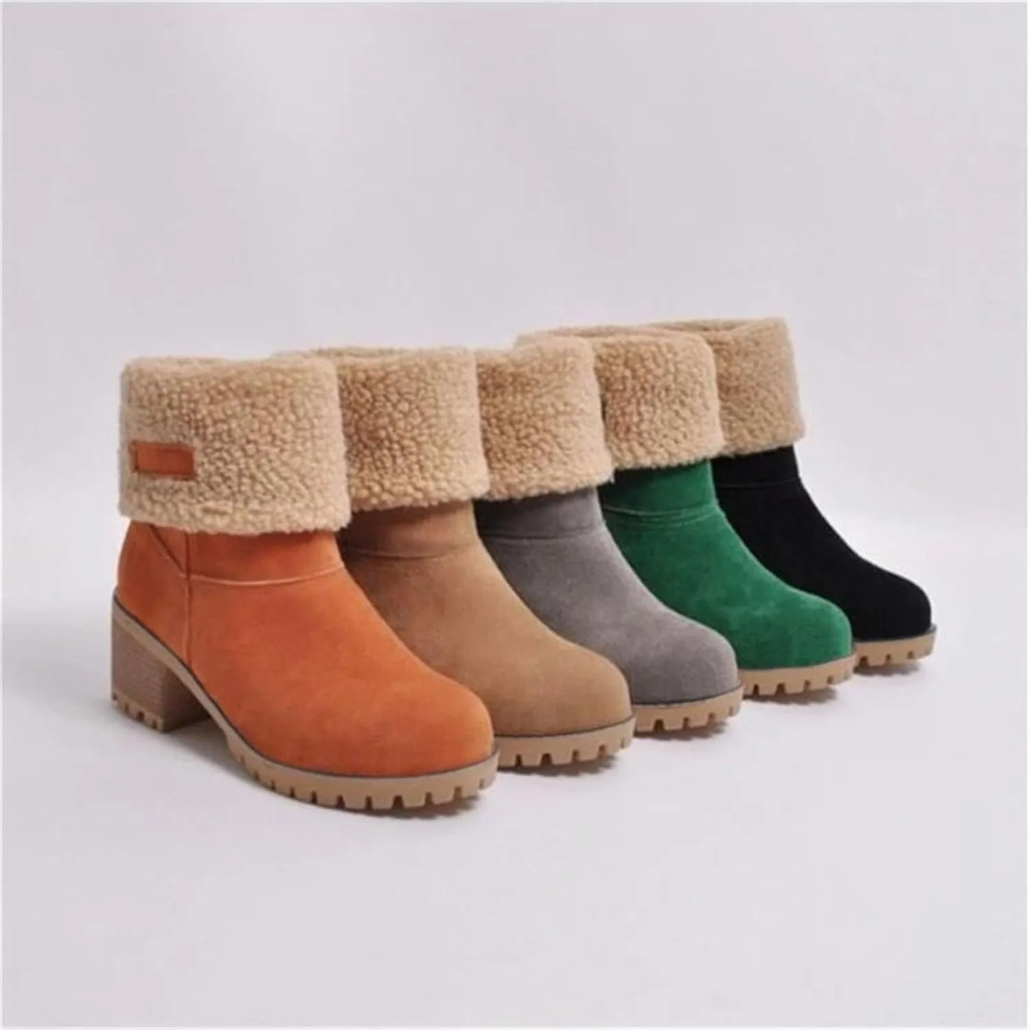 Womens Snow Boots Chunky Heel Slip On Ankle Booties Suede Fur Lined Waterproof Outdoor Comfortable Winter Shoes