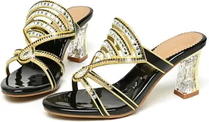 Women's Strappy Rhinestones Block Heel Slide Sandals Sparkle Bling Open Round Toe Slip On Crystal Mule Chunky Heels-2.75In Wedding Party Dress Shoe