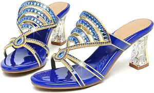 Women's Strappy Rhinestones Block Heel Slide Sandals Sparkle Bling Open Round Toe Slip On Crystal Mule Chunky Heels-2.75In Wedding Party Dress Shoe