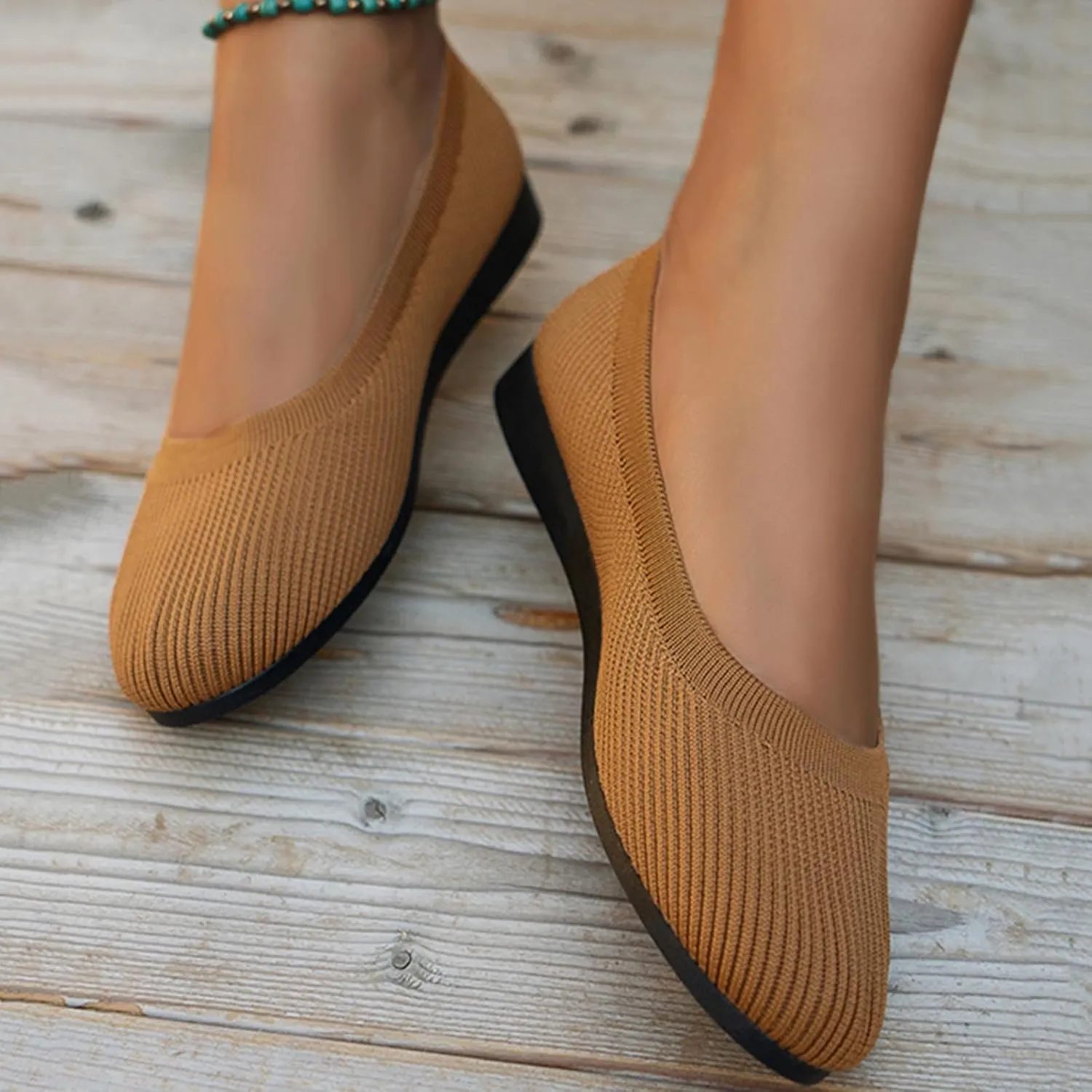 Women's Stretch Knit Ballet Flats Slip-On Round Toe Comfort Shoes for Wedding Guest, Office & Everyday Wear - Breathable Casual Dressy Flats
