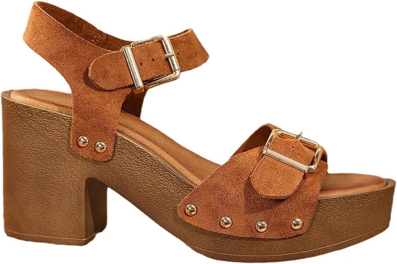 Women'S Suede Square Buckle Platform Heels Sandals With Adjust Ankle Strap Buckle Round Open Toe Chunky High Heels Sandals Summer Casual Party Dress Pump Sandal