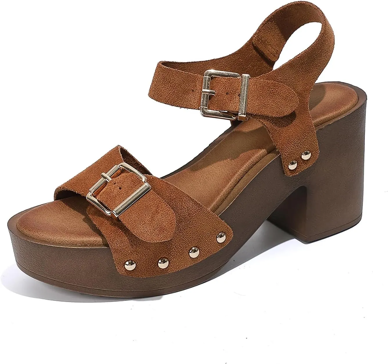 Women'S Suede Square Buckle Platform Heels Sandals With Adjust Ankle Strap Buckle Round Open Toe Chunky High Heels Sandals Summer Casual Party Dress Pump Sandal