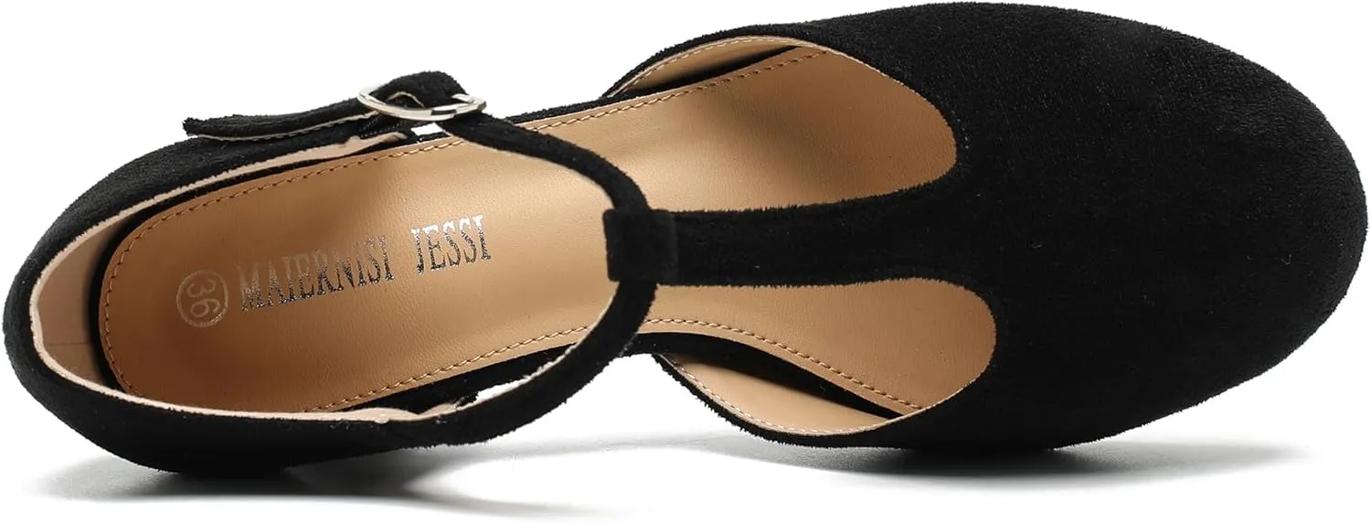 Women's T Strap Mary Jane Shoes Mid Block Chunky Heel Buckle Dress Pumps