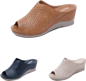 Women's Vintage Stitching Open Toe Fish Mouth Orthopedic Sandals Slope Heel Thick Bottom Slip On Wedge Slippers Arch Support Casual Comfortable Dress Sandals
