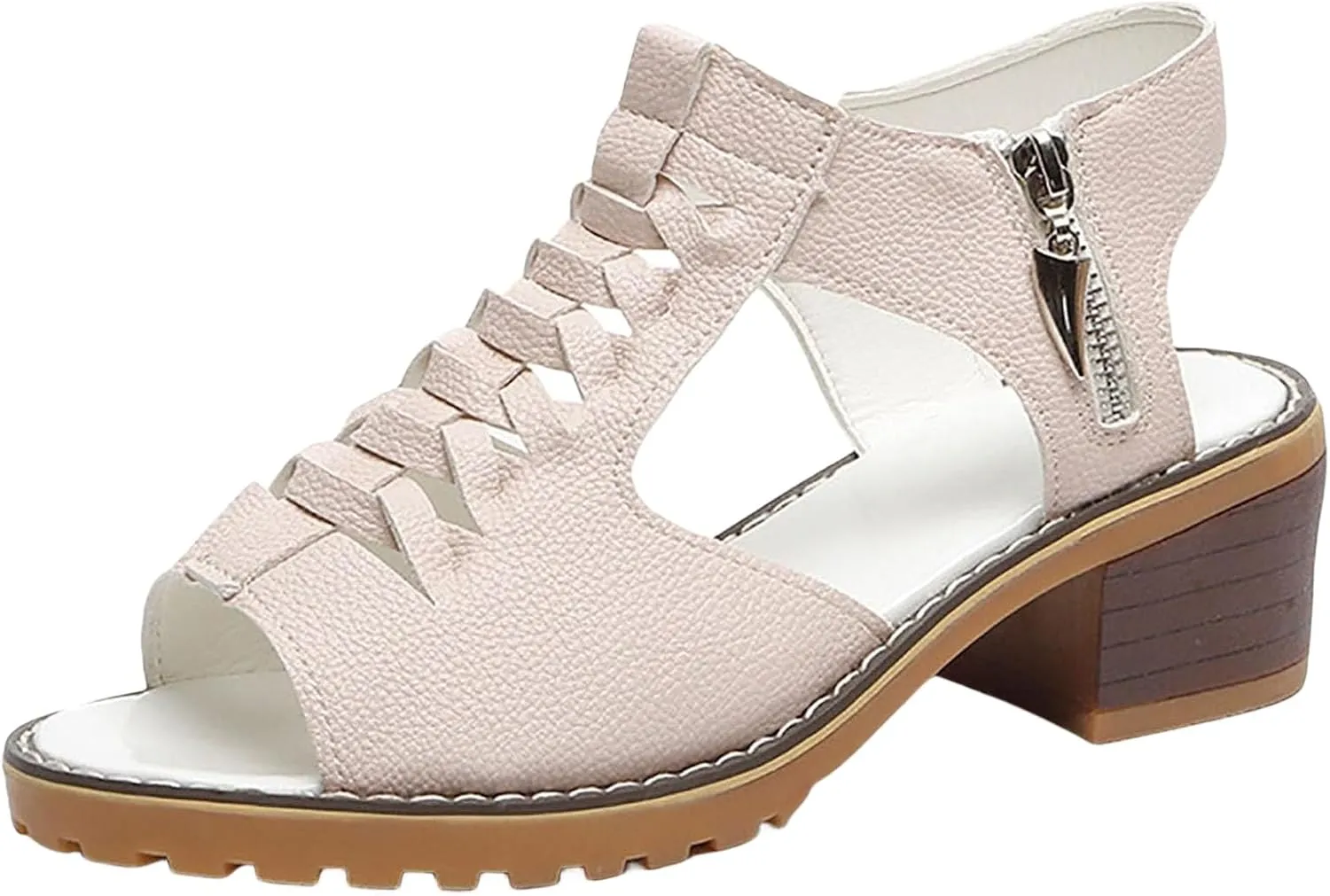 Womens Wedge Sandals Orthopedic Sandals for Women, Peep Toe Cutout Zipper Chunky Heeled Sandal, Summer Comfortable Leather Beach Walking Shoes Slip On Loafers