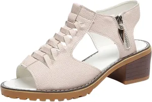 Womens Wedge Sandals Orthopedic Sandals for Women, Peep Toe Cutout Zipper Chunky Heeled Sandal, Summer Comfortable Leather Beach Walking Shoes Slip On Loafers