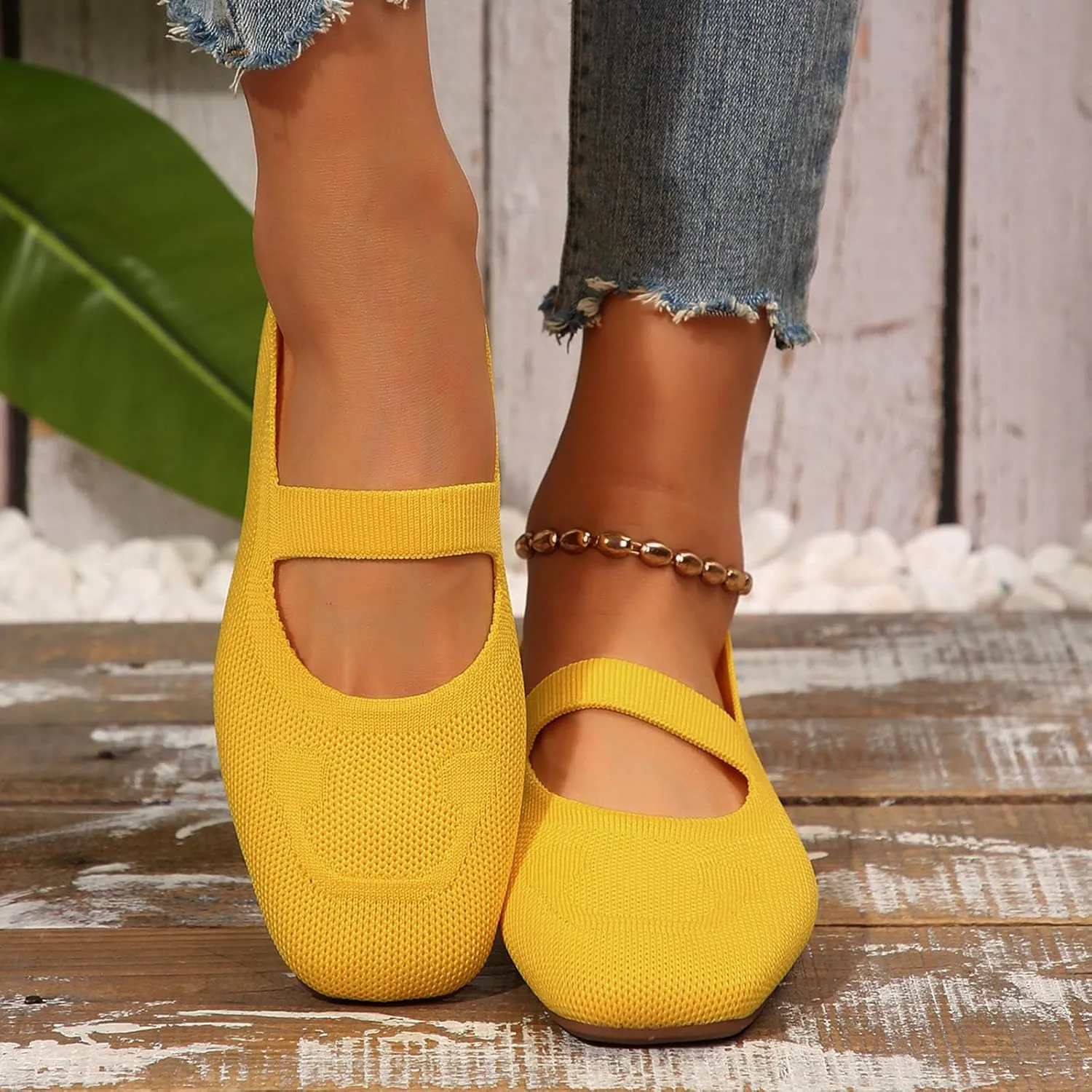 Women's Wide Toe Box Ballet Flats Strap Detail Mary Jane Shoes Machine-Washable Knit Slip-Ons Orthopedic Comfort for Office & Walking