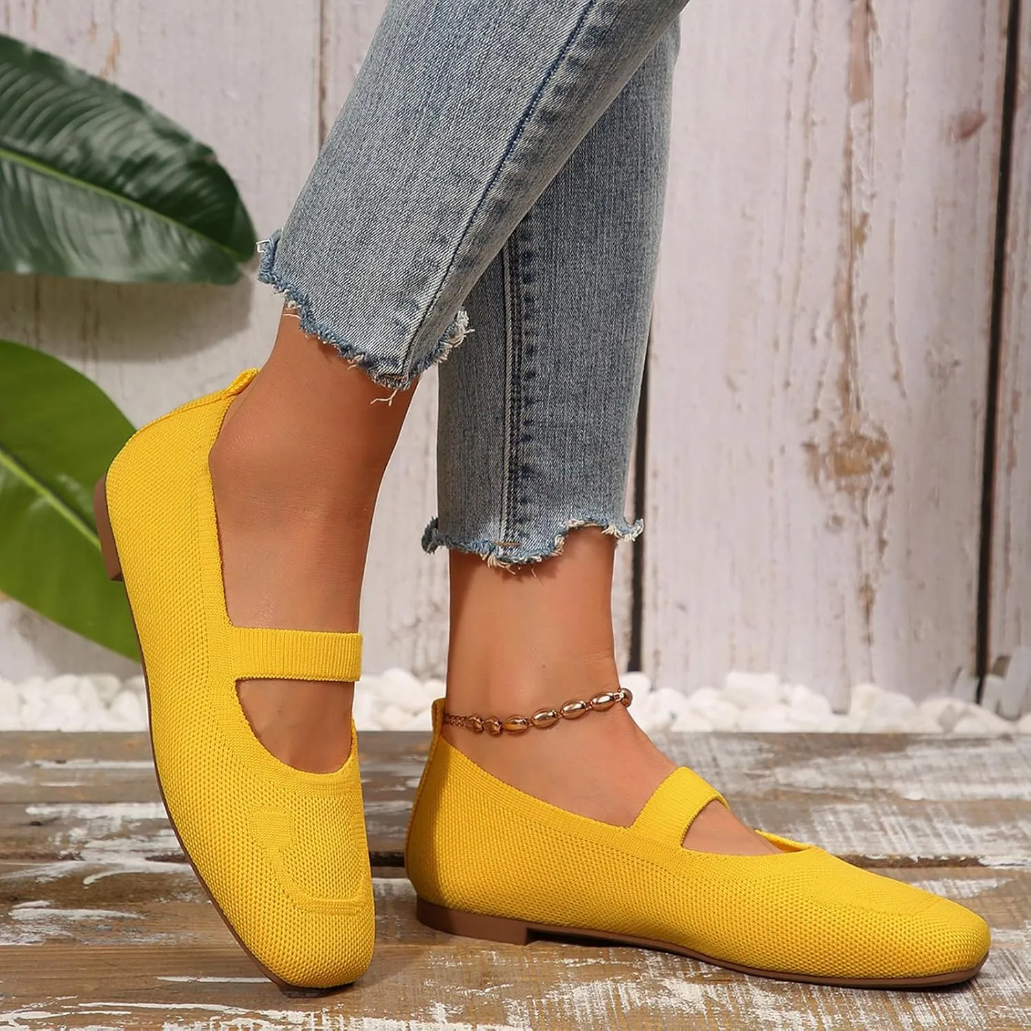 Women's Wide Toe Box Ballet Flats Strap Detail Mary Jane Shoes Machine-Washable Knit Slip-Ons Orthopedic Comfort for Office & Walking