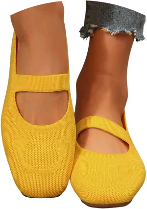 Women's Wide Toe Box Ballet Flats Strap Detail Mary Jane Shoes Machine-Washable Knit Slip-Ons Orthopedic Comfort for Office & Walking