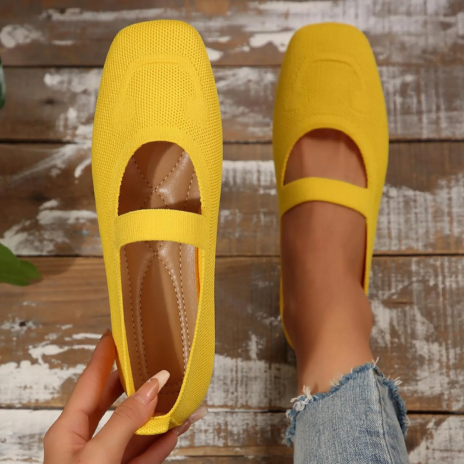 Women's Wide Toe Box Ballet Flats Strap Detail Mary Jane Shoes Machine-Washable Knit Slip-Ons Orthopedic Comfort for Office & Walking