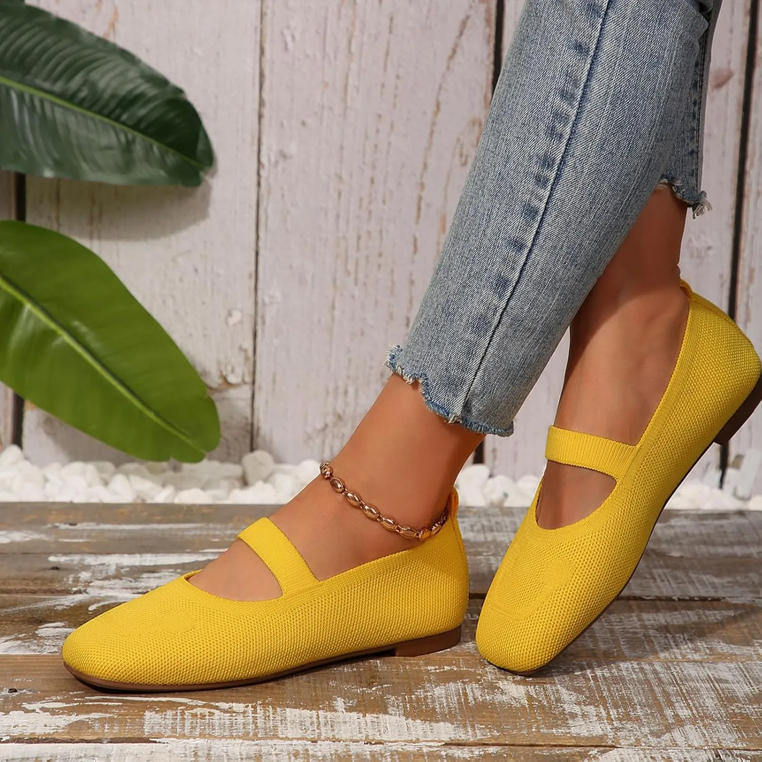Women's Wide Toe Box Ballet Flats Strap Detail Mary Jane Shoes Machine-Washable Knit Slip-Ons Orthopedic Comfort for Office & Walking