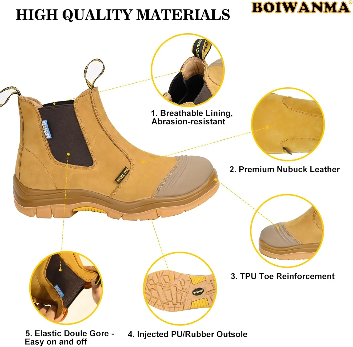 Work Boots for Men, Steel Toe, Puncture-Resistant, Pull on Chelsea Leather Safety Boots, US Size 7-15