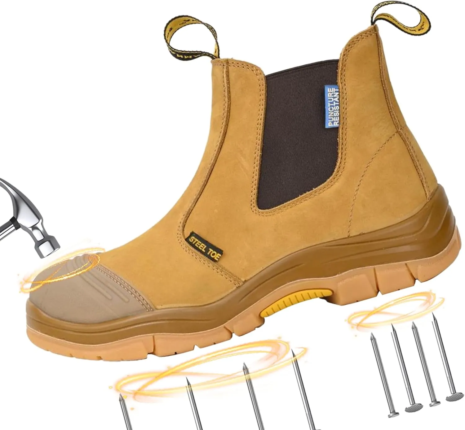Work Boots for Men, Steel Toe, Puncture-Resistant, Pull on Chelsea Leather Safety Boots, US Size 7-15
