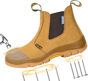 Work Boots for Men, Steel Toe, Puncture-Resistant, Pull on Chelsea Leather Safety Boots, US Size 7-15
