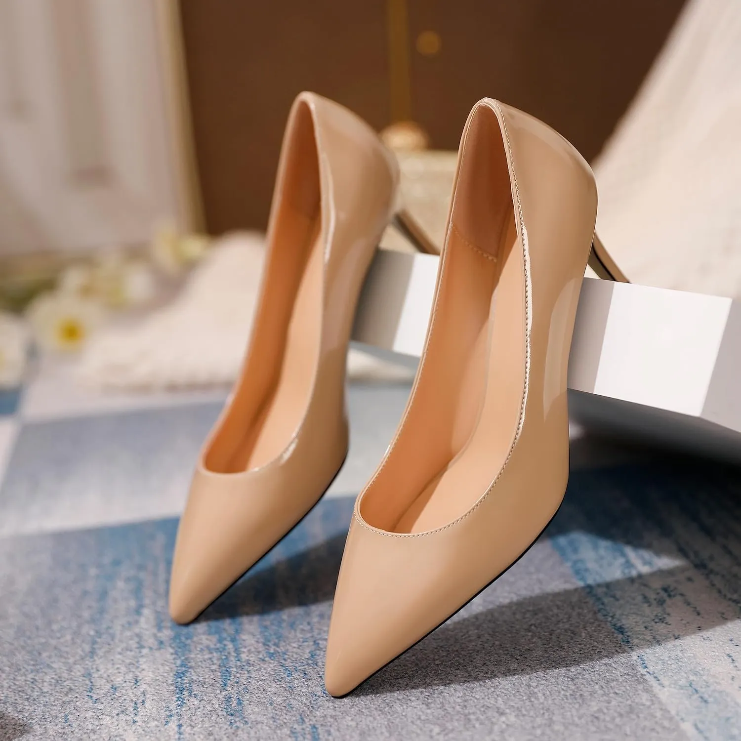 YODEKS Women's Kitten Heel Pumps Pointed Toe Slip On Classic Low Mid Heel Dress Shoes