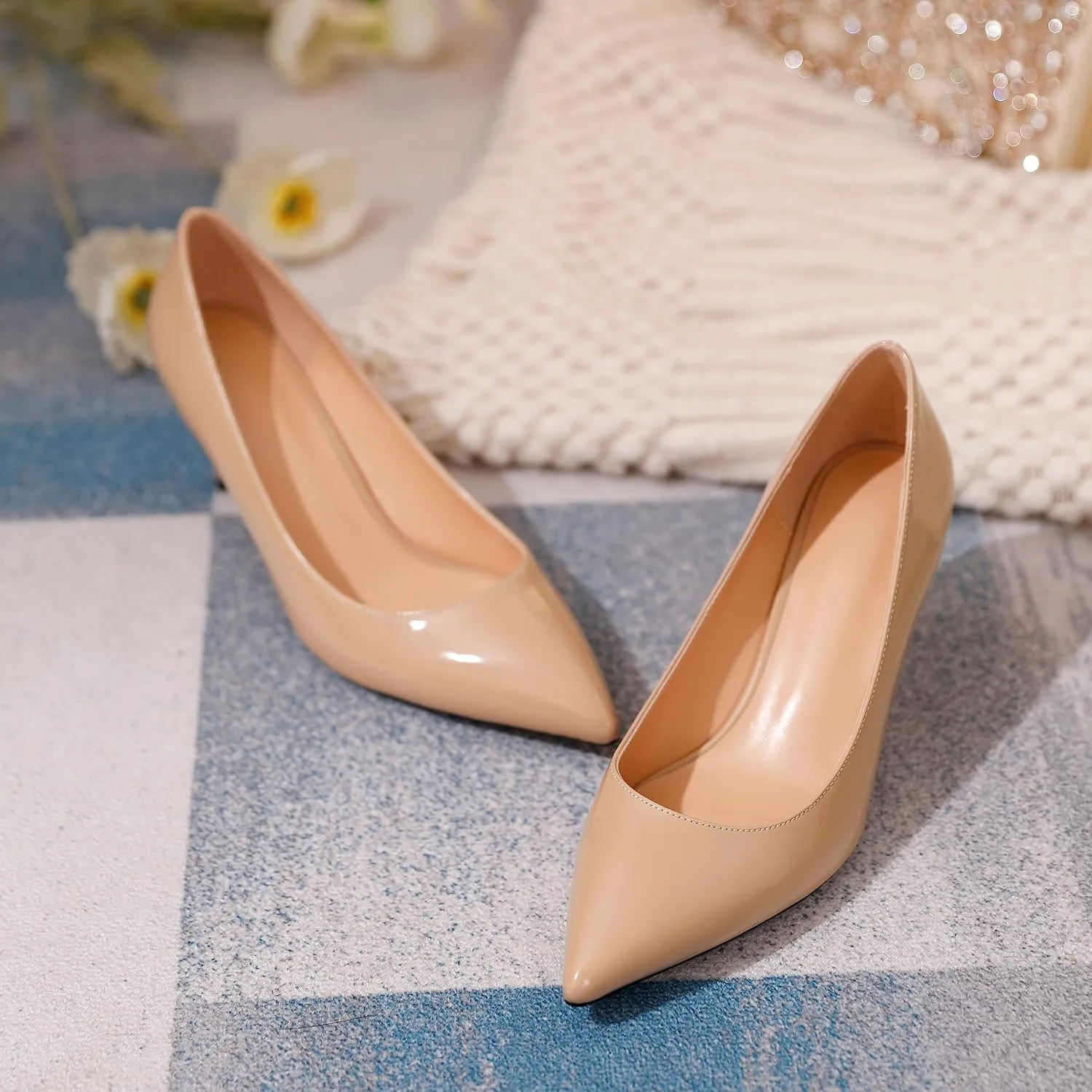 YODEKS Women's Kitten Heel Pumps Pointed Toe Slip On Classic Low Mid Heel Dress Shoes