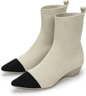 youngshow Womens Ankle Boots Pointed Toe Kitten Heels Booties Winter Knit Low Heel Dressy Booties