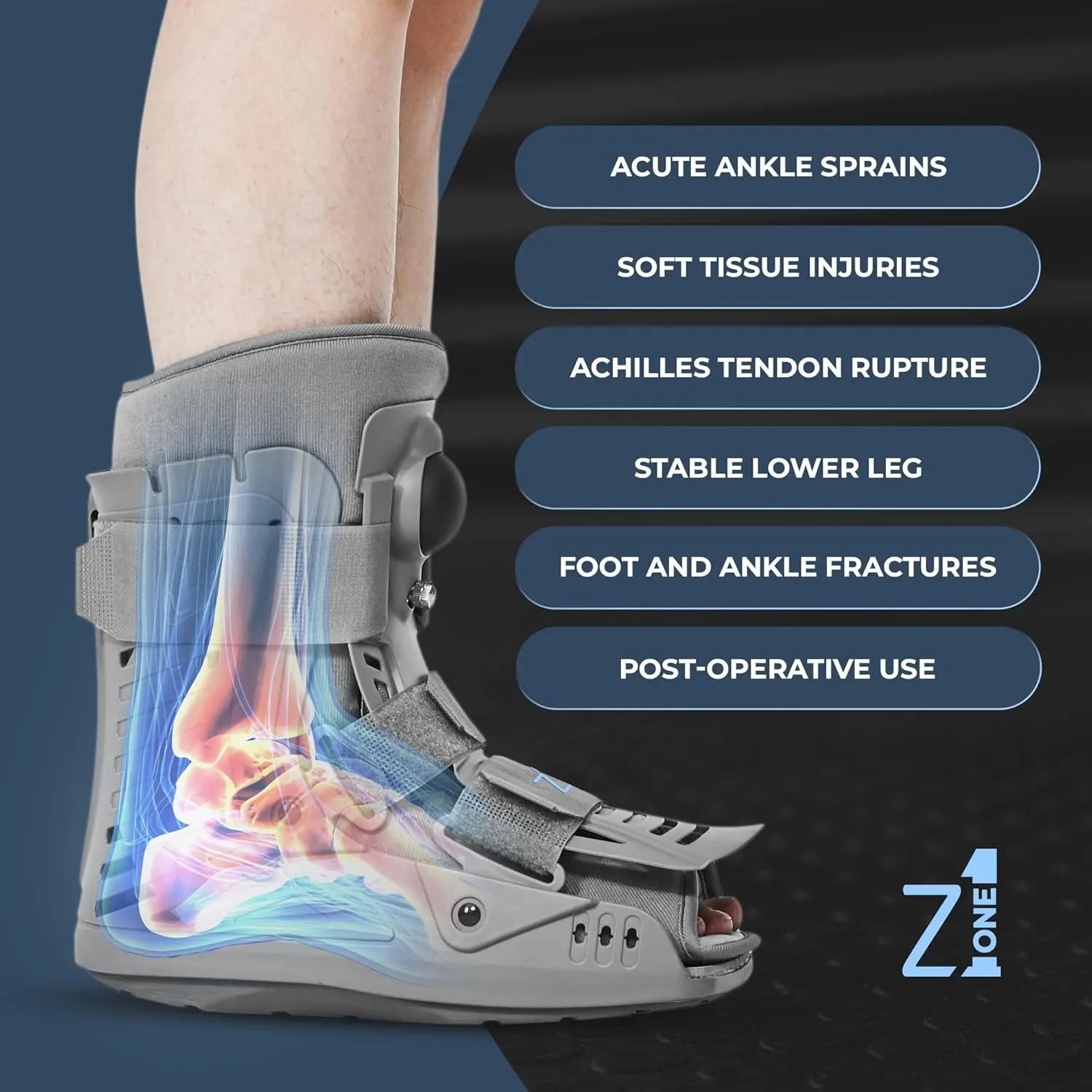 Z1 A12 Short Air Walker Ankle Fracture Boot - Orthopedic Walking Boot for Sprained Ankle - Support for Broken Foot & Stress Fracture Recovery Fits Left & Right Foot Men & Women (M)