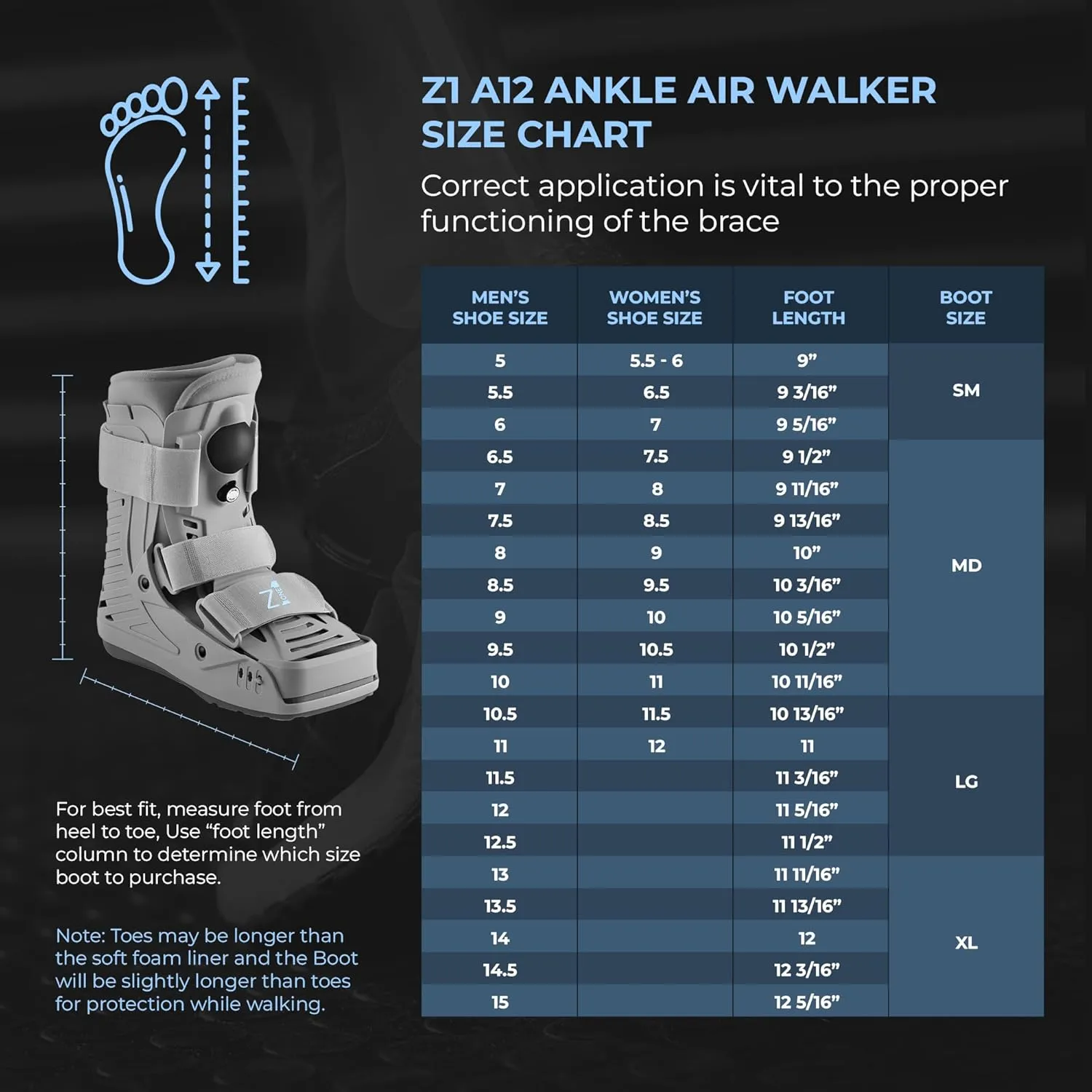 Z1 A12 Short Air Walker Ankle Fracture Boot - Orthopedic Walking Boot for Sprained Ankle - Support for Broken Foot & Stress Fracture Recovery Fits Left & Right Foot Men & Women (S)