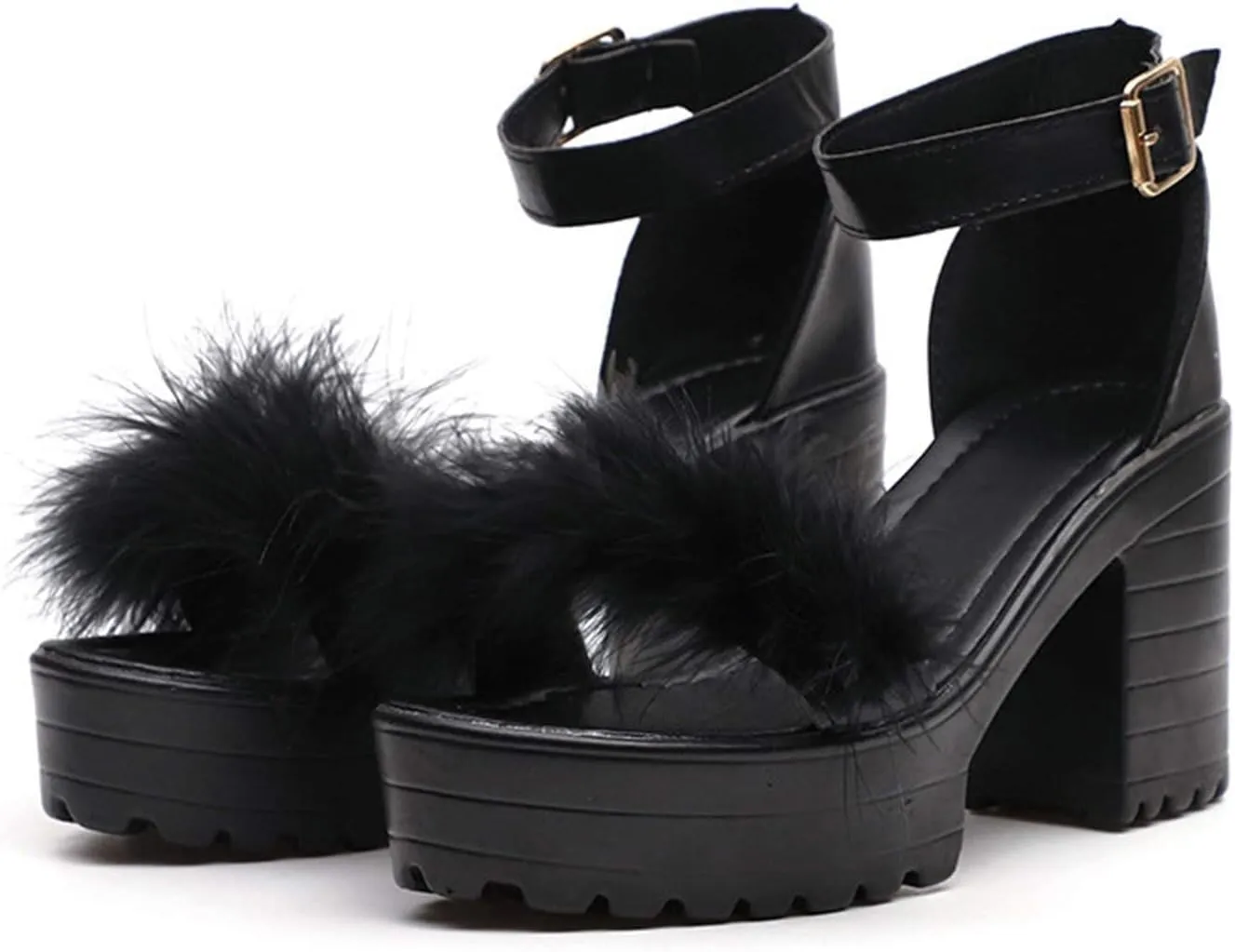 ZBYY Womens Platform Faux Fur Sandals Chunky Heel Open Toe Ankle Strap Sandals Summer High Heeled Dress Pumps Shoes