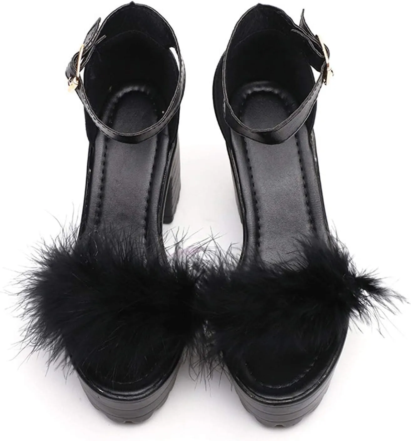 ZBYY Womens Platform Faux Fur Sandals Chunky Heel Open Toe Ankle Strap Sandals Summer High Heeled Dress Pumps Shoes