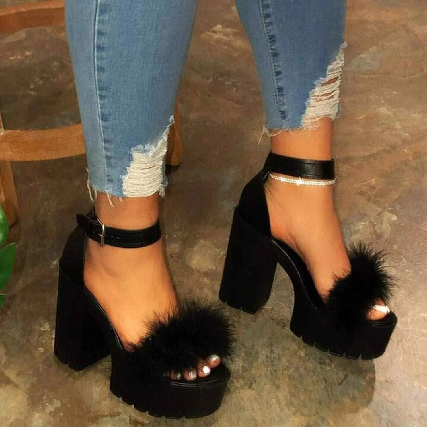 ZBYY Womens Platform Faux Fur Sandals Chunky Heel Open Toe Ankle Strap Sandals Summer High Heeled Dress Pumps Shoes