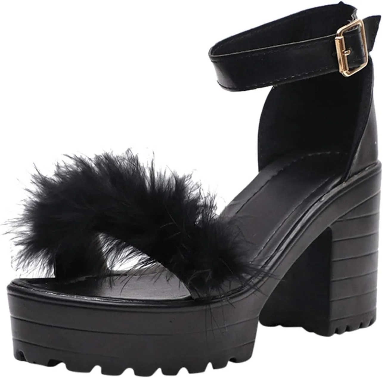 ZBYY Womens Platform Faux Fur Sandals Chunky Heel Open Toe Ankle Strap Sandals Summer High Heeled Dress Pumps Shoes